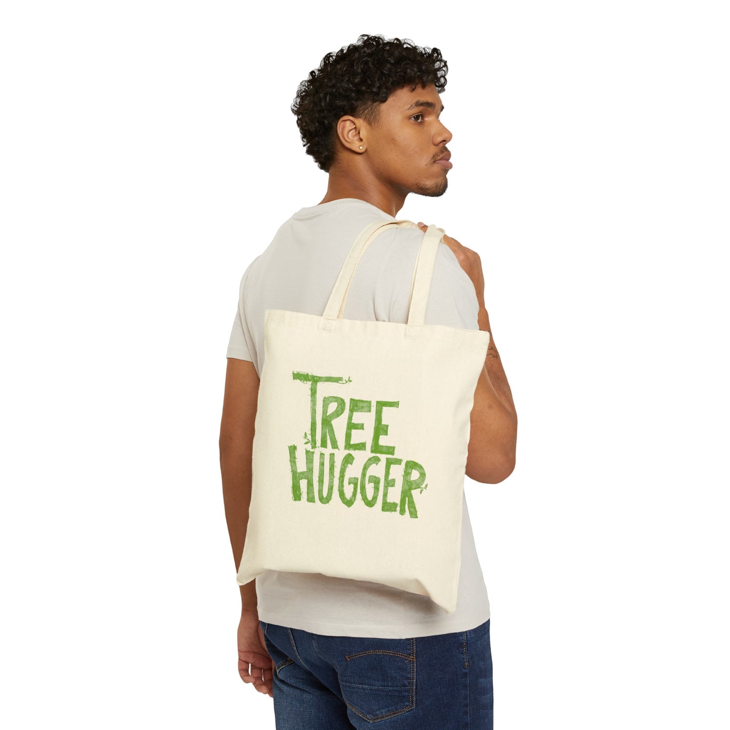 Green Tree Hugger Print on Cotton Canvas Tote Bag 15x16