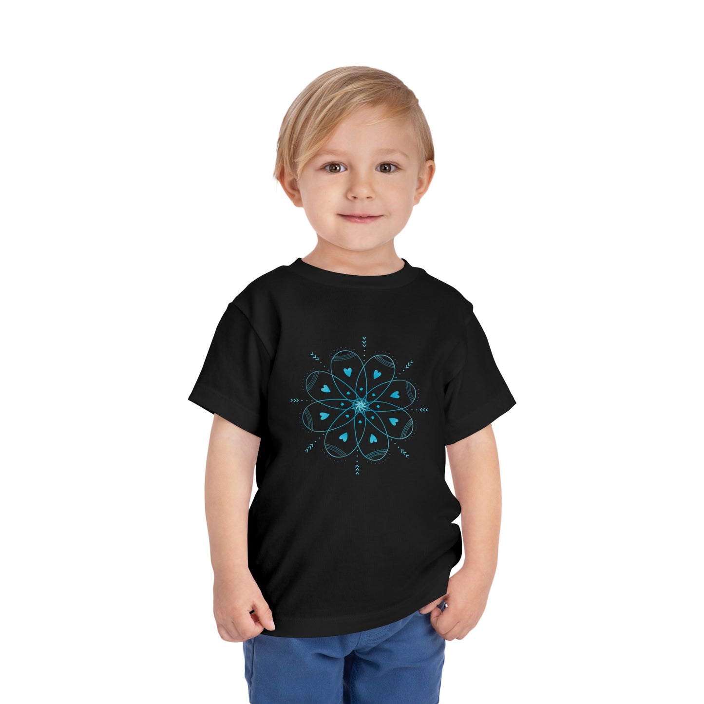 Toddler Short Sleeve Tee Black/Turquoise Kaleidoscope Hearts Design